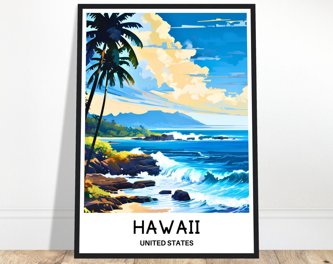 Hawaii Coast Palm Trees Vintage Travel Surf Wave Beach Poster