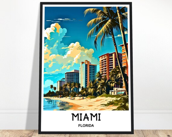 Miami Travel Print Poster Art America Lover Gift Florida Wall Hanging Home Office Desk Decor Illustration