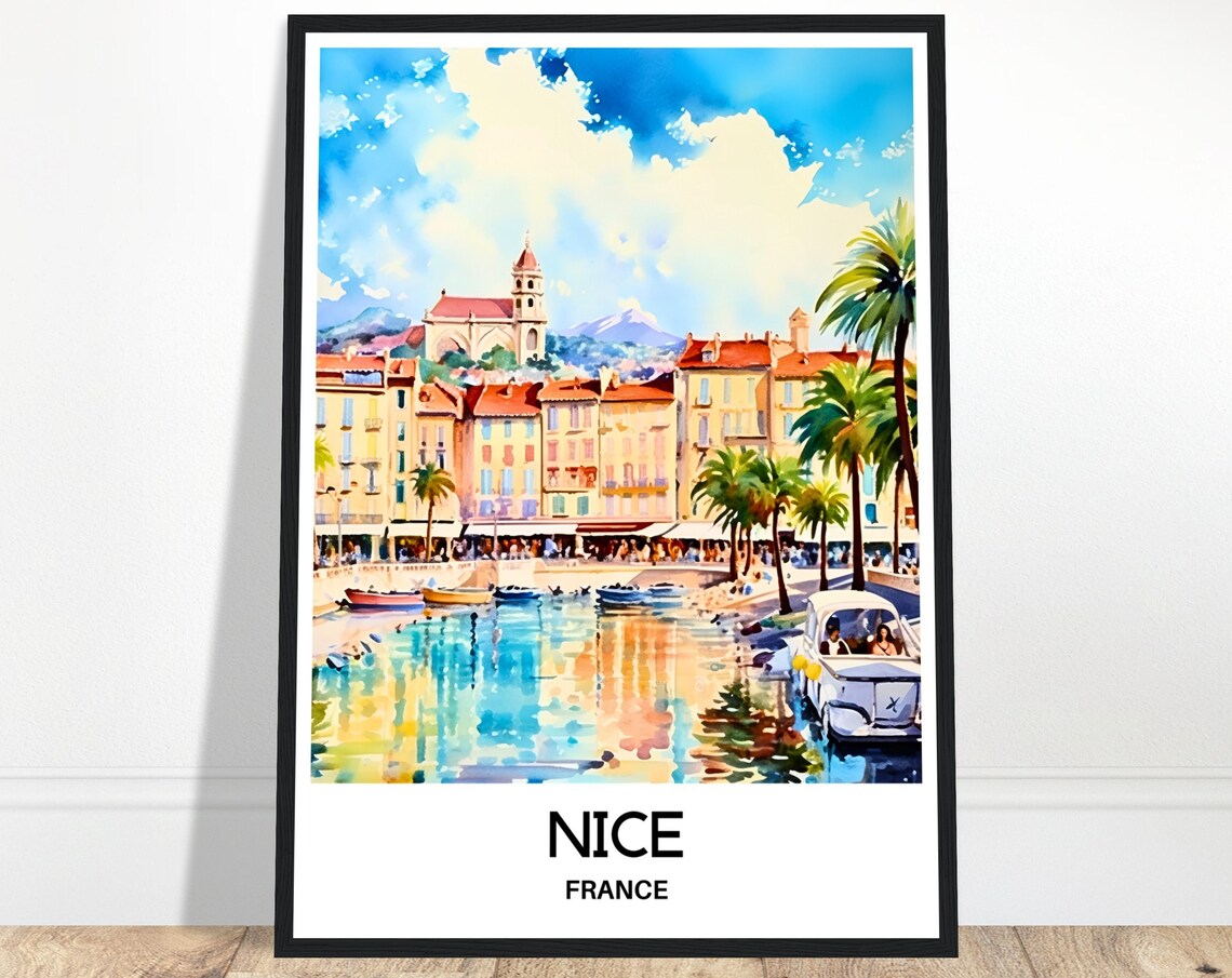 Nice France Watercolor Harbor Palm Promenade Riviera Travel Poster