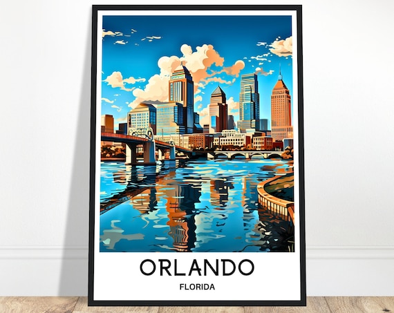 Orlando Florida Travel Poster Downtown Skyline River Reflection City Art