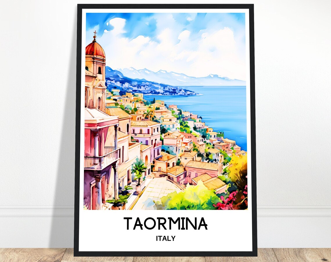 Taormina Italy Coastal Town Watercolor Painting Travel Poster