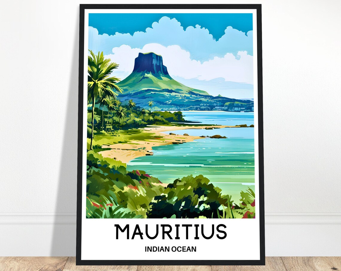 Mauritius Indian Ocean Mountain Beach Coastline Travel Poster