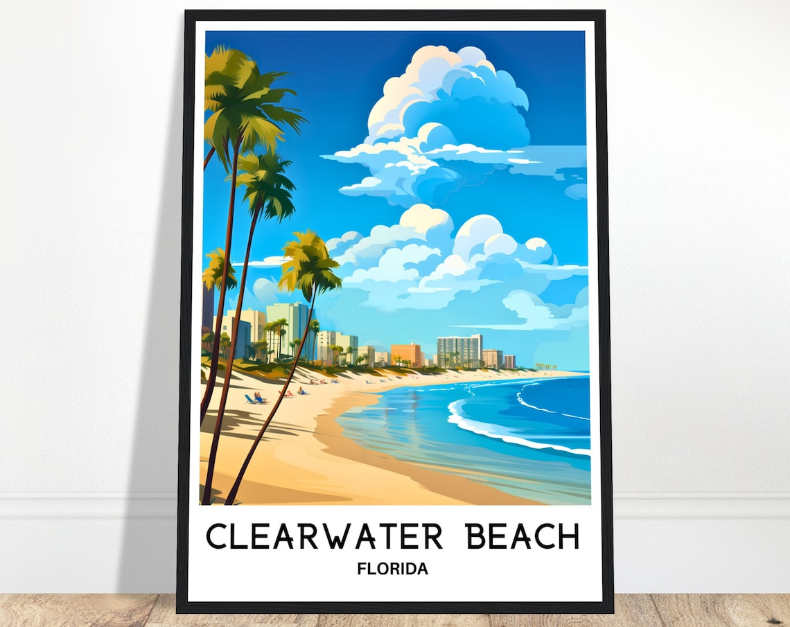 Clearwater Beach Florida Palm Trees Sunny Shore Travel Art Poster