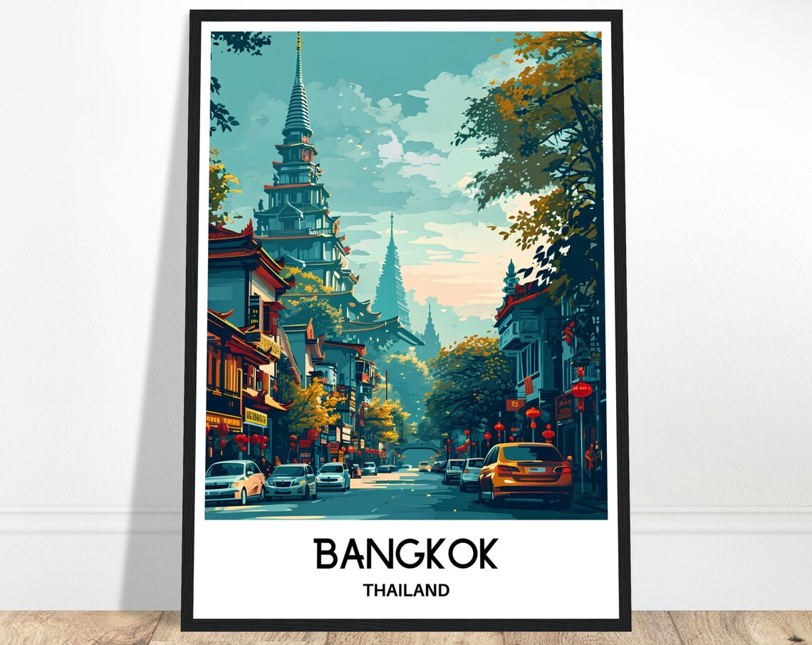 Bangkok Thailand Temple Spire Street Lanterns Taxis Travel Poster