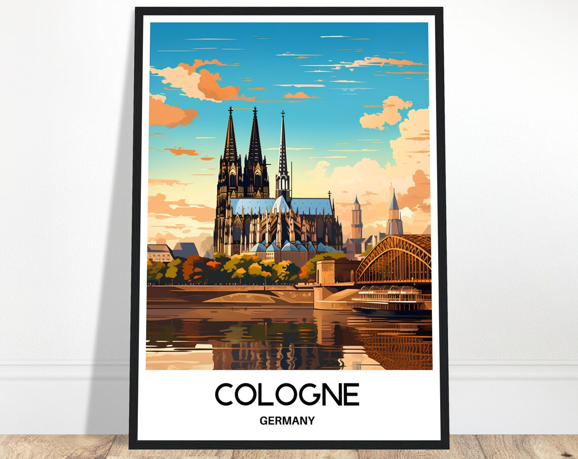 Cologne Germany Cathedral and Rhine Sunset Skyline Travel Poster