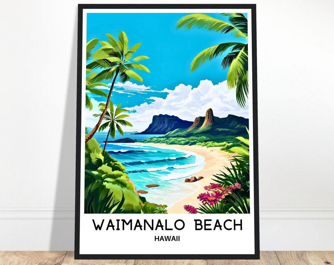 Waimanalo Beach Palm Trees Turquoise Surf Oahu Hawaii Travel Poster