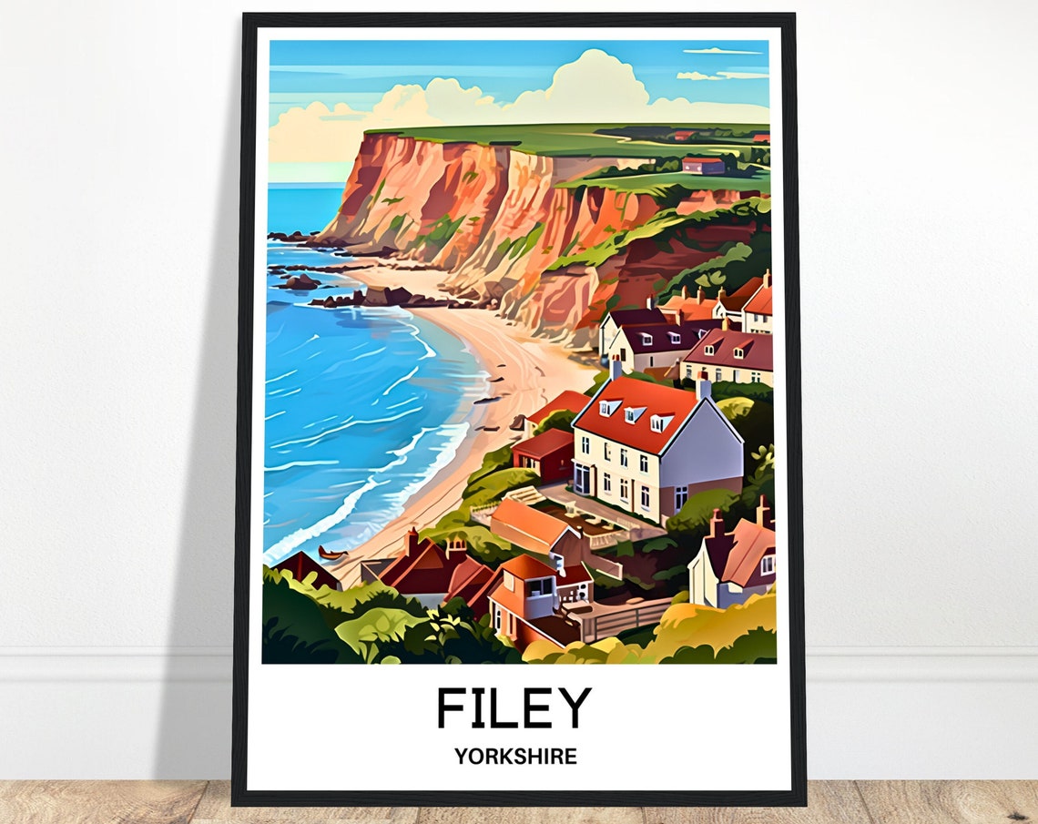 Filey Yorkshire Red Cliffs Seaside Coastal Town Travel Poster