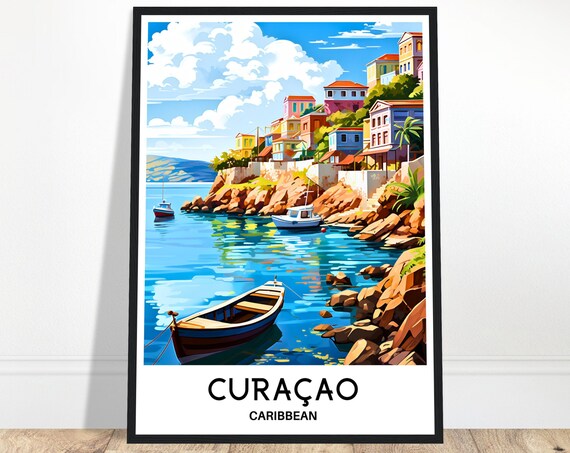 Curacao Caribbean Colorful Hillside Harbor Boats Island Travel Poster