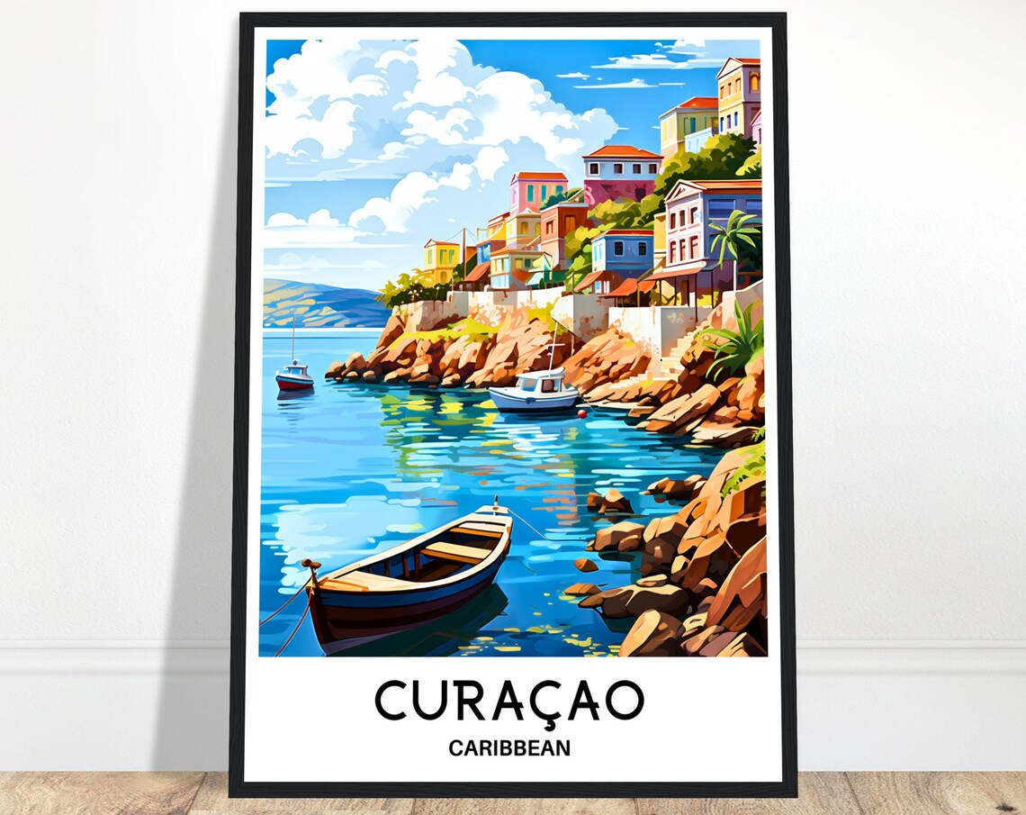 Curacao Caribbean Colorful Hillside Harbor Boats Island Travel Poster
