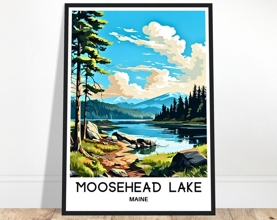 Moosehead Lake Travel Print Poster Art Maine Lover Gift Wall Hanging Villustration Home Office Decor