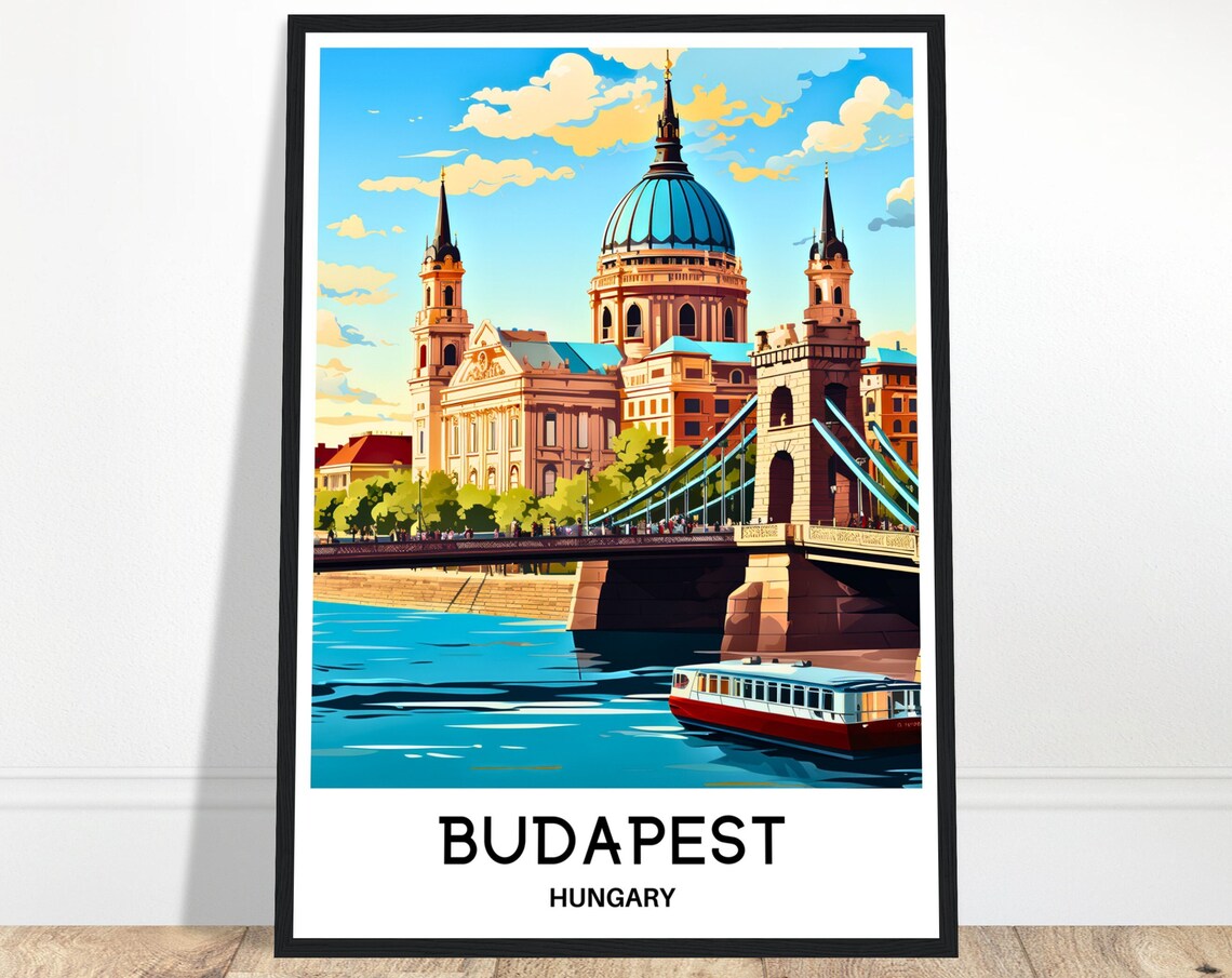 Budapest Hungary Danube Basilica Bridge Vintage Travel Poster