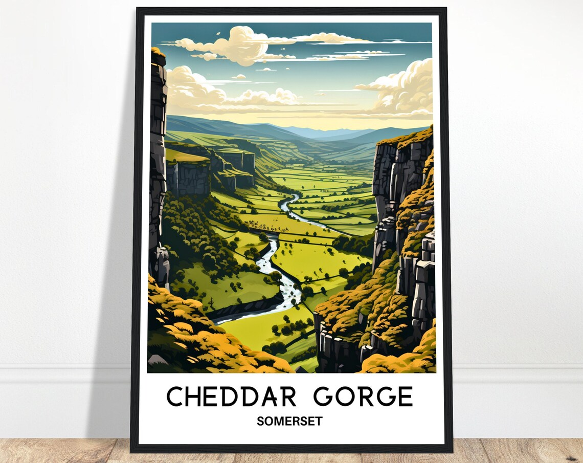 Cheddar Gorge Somerset Dramatic Cliffs Green Valley Travel Poster