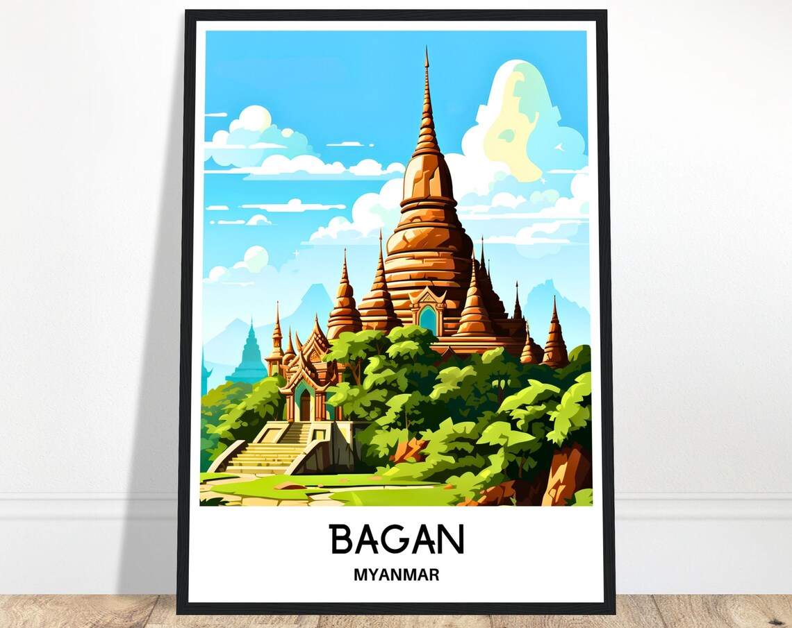 Bagan Myanmar Golden Spired Temple Daytime Gardens Travel Poster