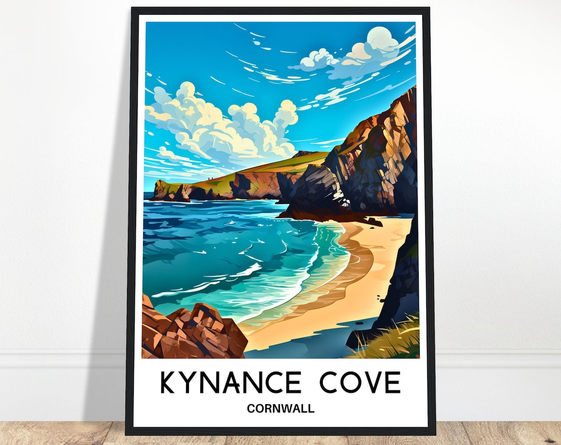 Kynance Cove Cornwall Turquoise Bay Sunny Cliffs Travel Poster