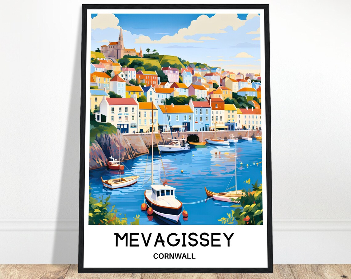 Mevagissey Cornwall Colorful Harbour Village Retro Travel Poster