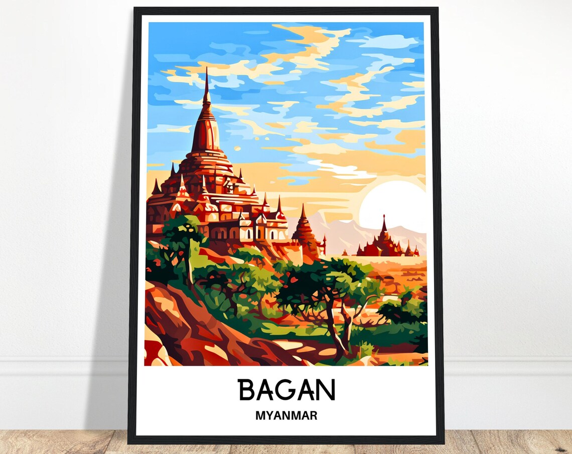 Bagan Myanmar Ancient Temples Golden Sunset Pagodas Travel Poster