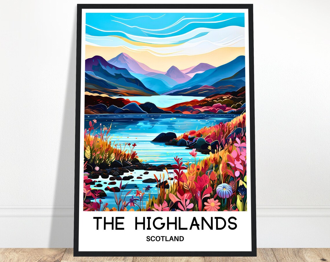 Scottish Highlands Lake Wildflowers Mountain Travel Art Poster