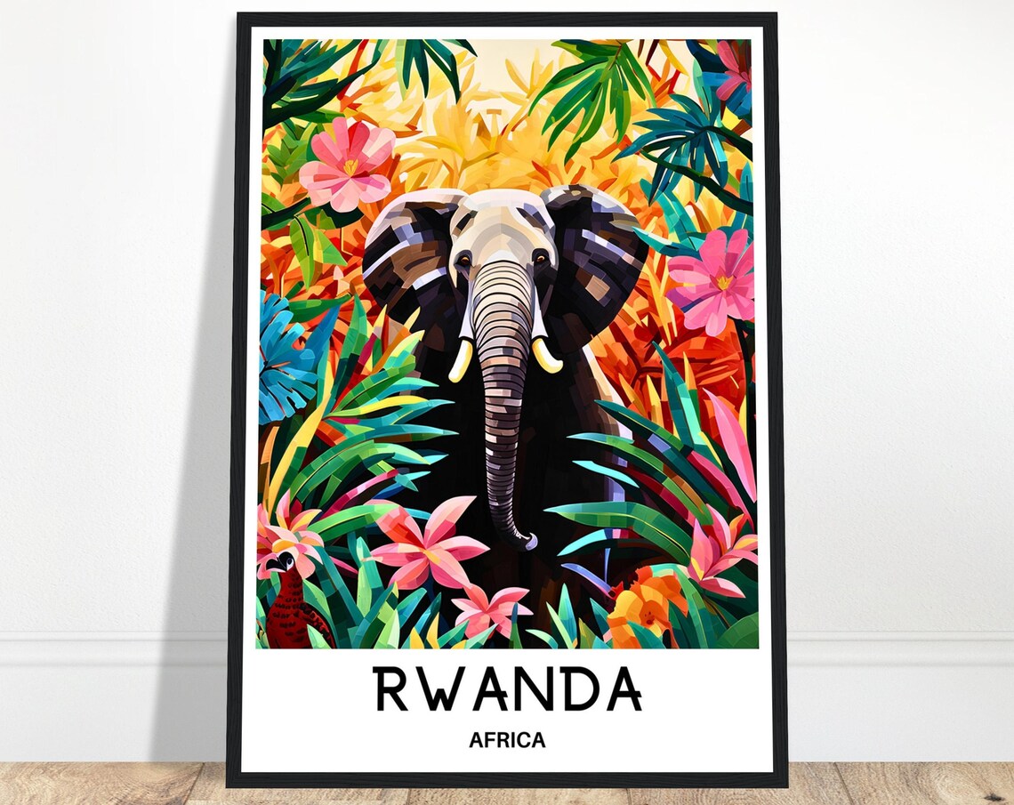 Rwanda Africa Elephant Among Bright Tropical Jungle Flowers Poster