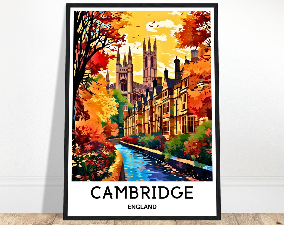 Cambridge England Autumn River Cathedral Fall Colors Travel Poster