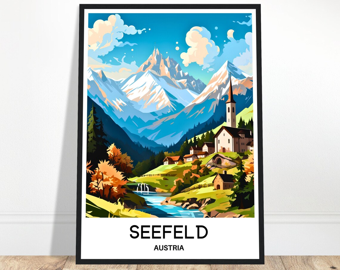 Seefeld Austrian Alps Church Waterfall River Valley Travel Poster
