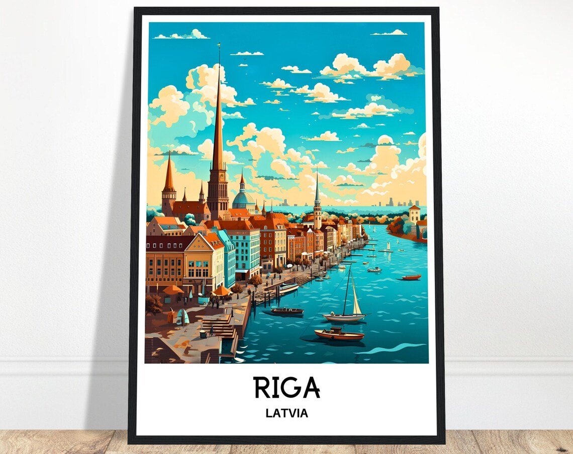 Riga Latvia Old Town Church Spires River Boats Daytime City Poster