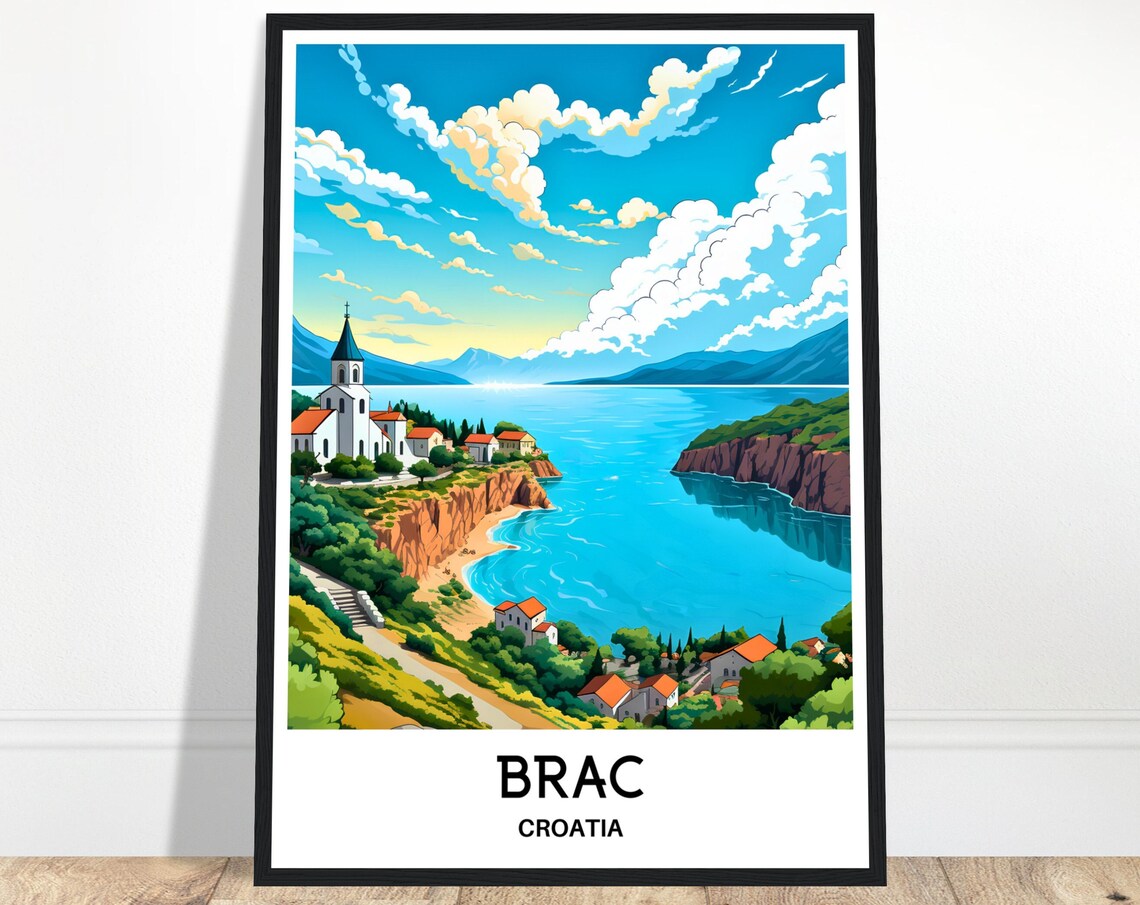 Brac Croatia Island Coast White Church Cliffs Blue Sea Travel Poster