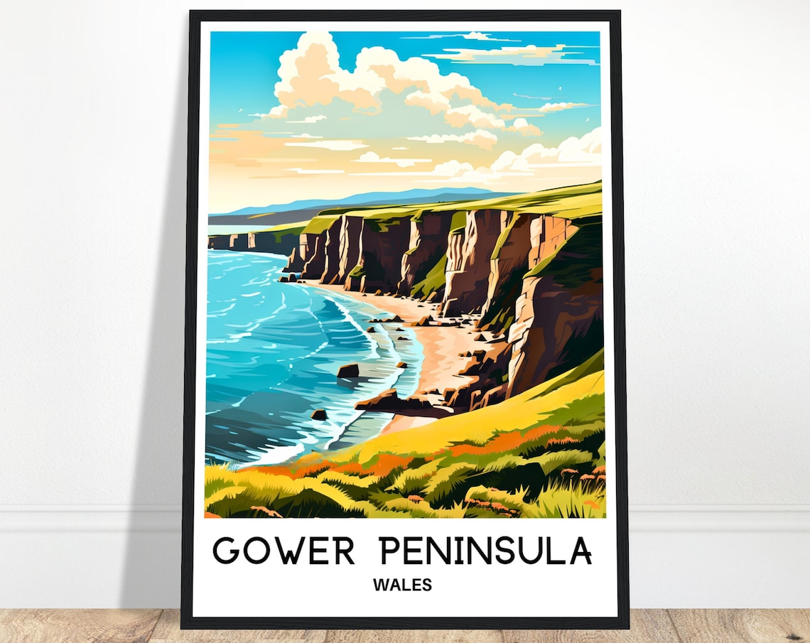Gower Peninsula Sea Cliffs Golden Sandy Beach Wales Travel Poster