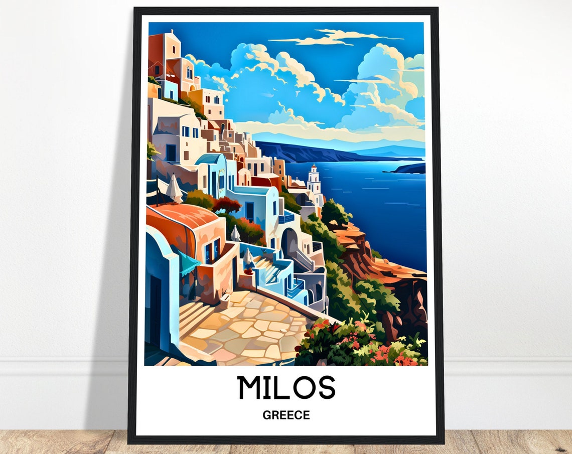 Milos Island Whitewashed Cliffside Town Greece Travel Poster