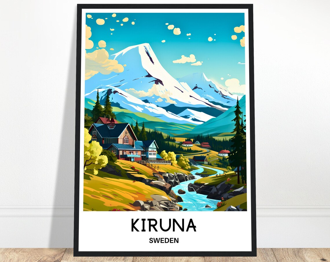 Kiruna Sweden Snowy Arctic Mountain Cabins and River Travel Poster
