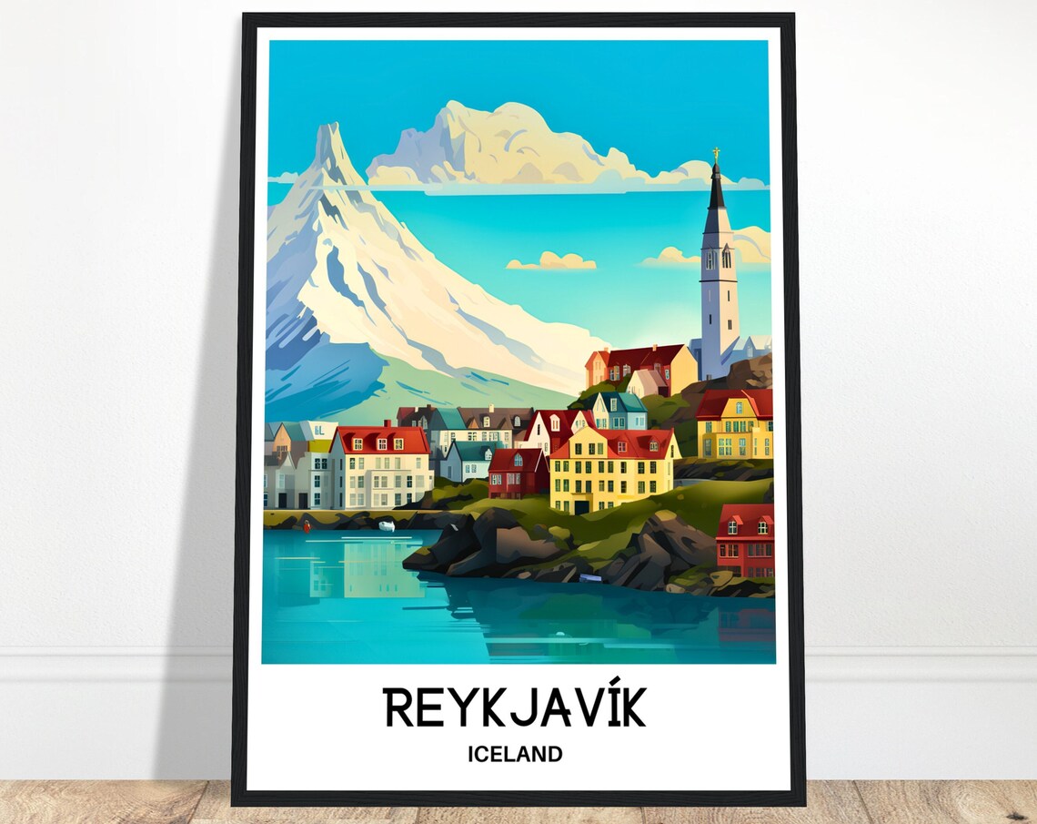 Reykjavik Iceland Colorful Harbor Houses Mountain View Travel Poster