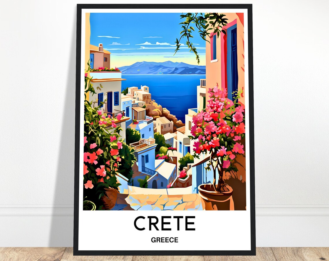 Crete Bougainvillea Alley White Village Sea View Greece Travel Poster