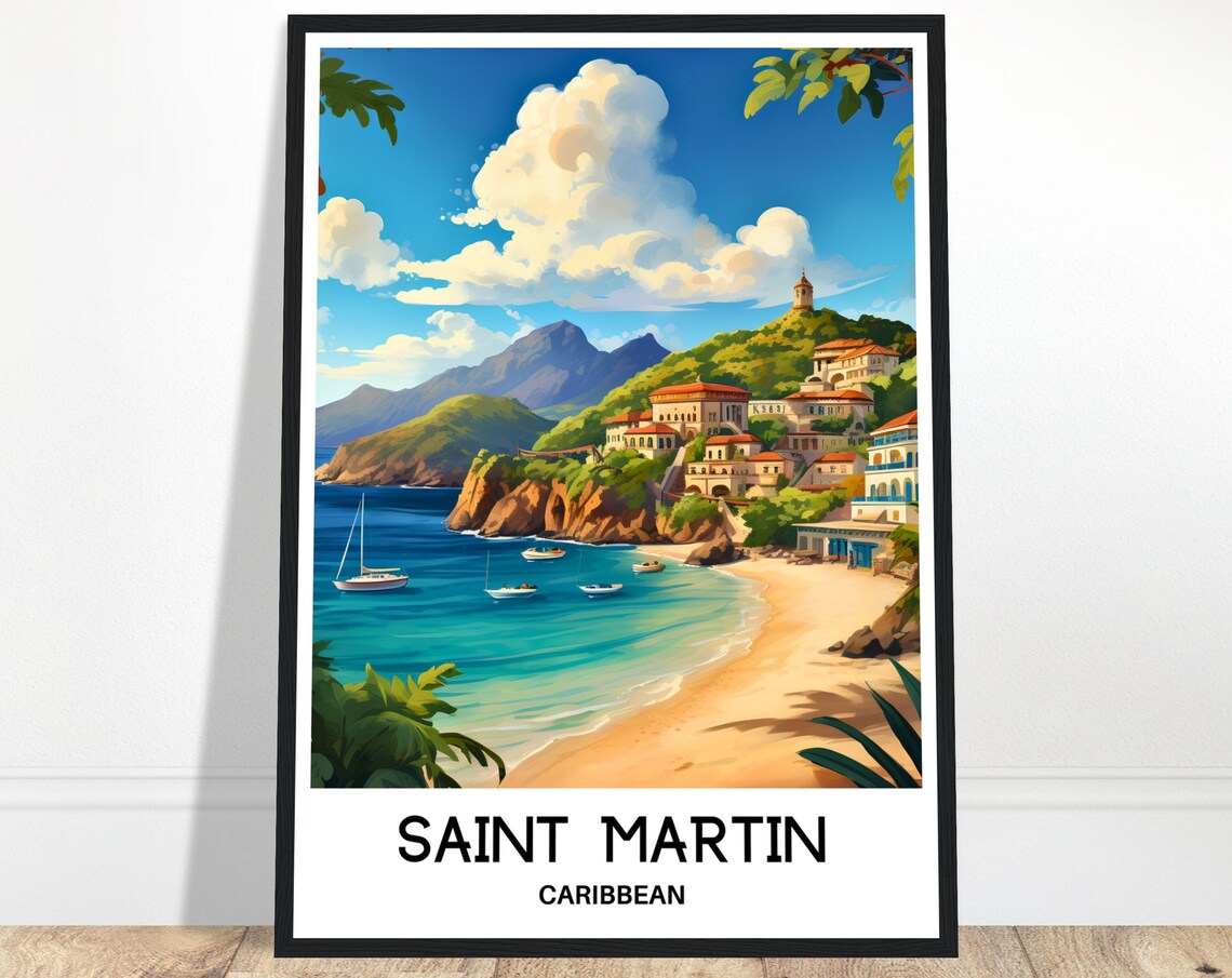 Saint Martin Caribbean Beach Cove Sailboats Travel Art Poster