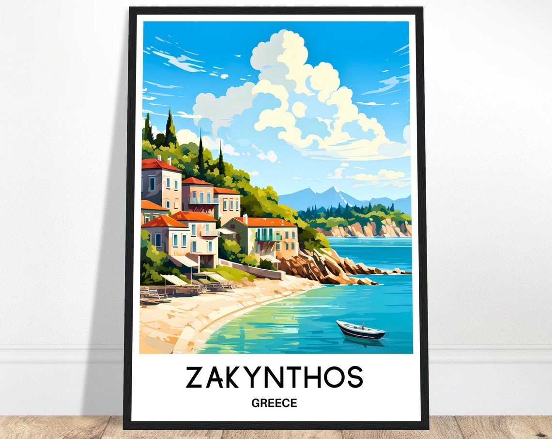 Zakynthos Greece Whitewashed Town Turquoise Bay Travel Poster