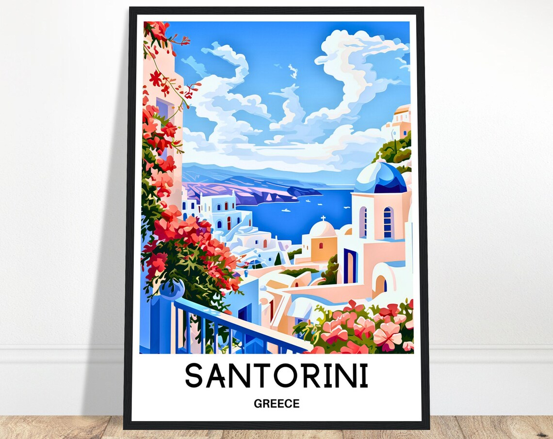 Santorini Blue Dome Caldera Bougainvillea Greece Travel Poster