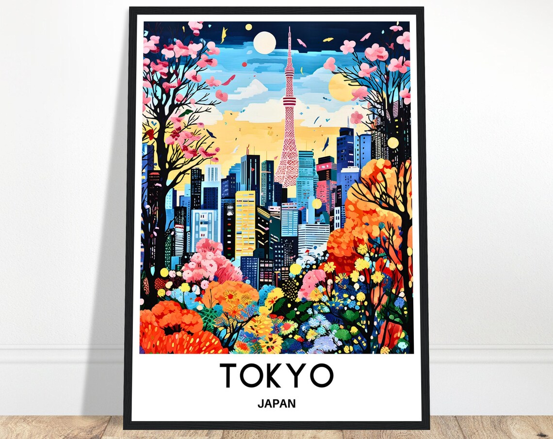 Tokyo Skytree Cherry Blossom Colorful Flowers Japan Travel Poster