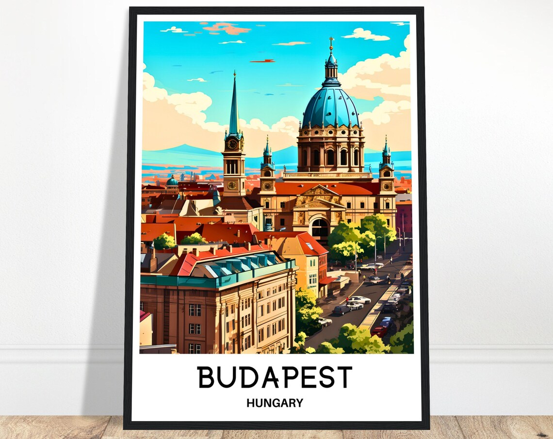 Vintage Budapest Hungary St Stephen Basilica City Travel Poster