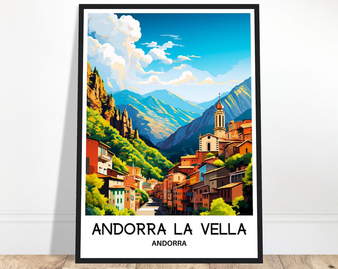 Andorra La Vella Mountain Town Valley Church Tower Travel Poster