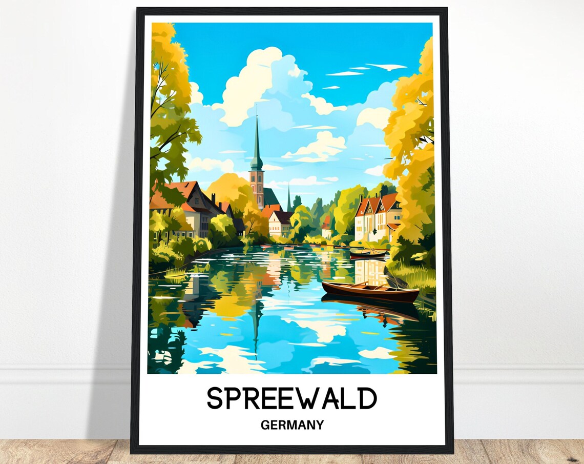 Spreewald Germany Autumn River Town Church and Boats Travel Poster