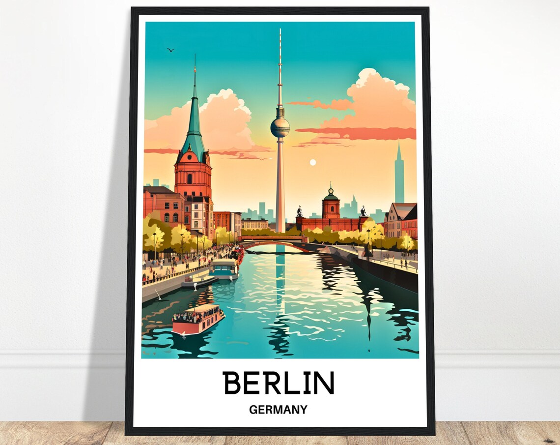 Berlin Germany TV Tower Spree River Golden Sunset Travel Poster