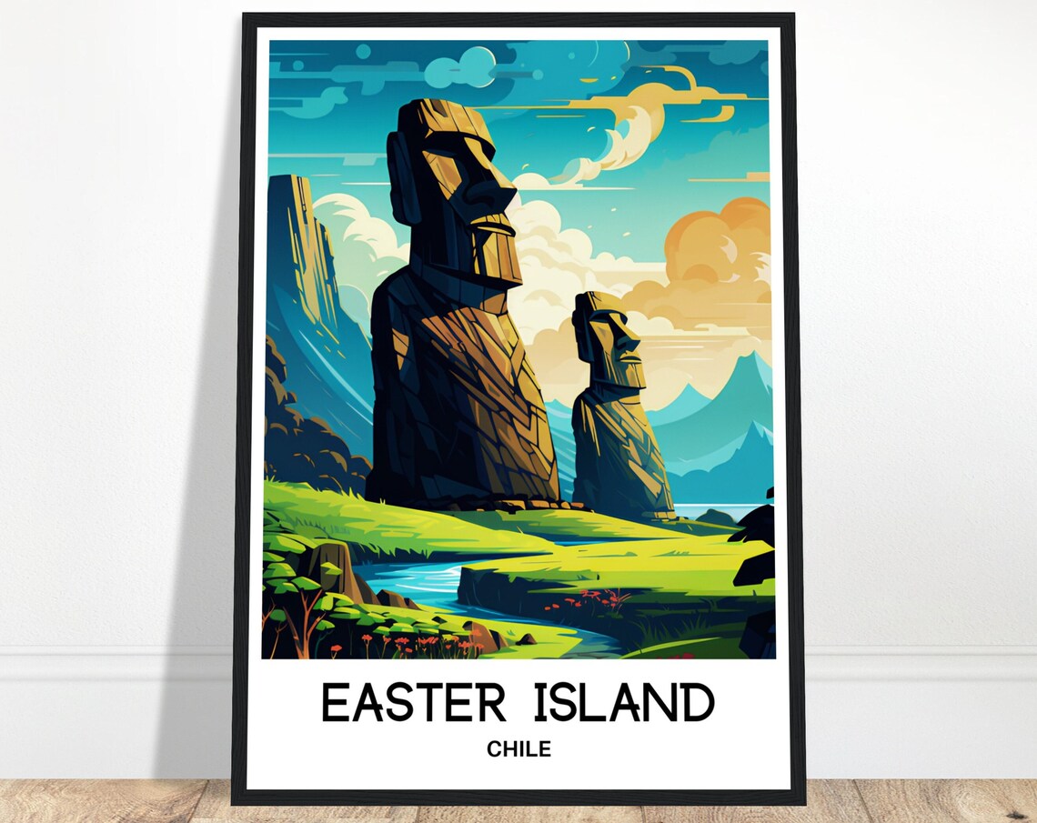 Easter Island Chile Giant Moai Statues Stone Heads Travel Poster