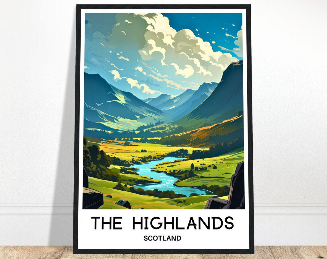 Scottish Highlands Green Valley River Mountains Travel Poster
