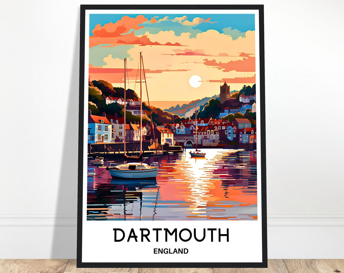 Dartmouth England Sunset Harbor Sailboats Golden Glow Travel Poster