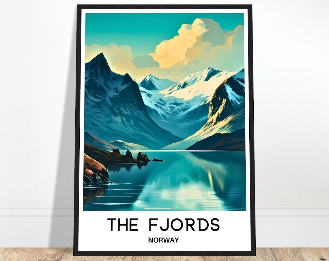 Fjords Travel Poster, Norwegian Mountains Wall Art