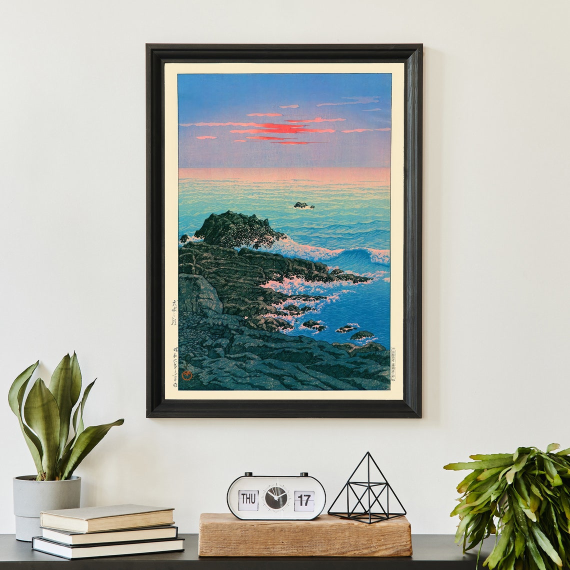 Japanese Rocky Coast Sunrise Waves Woodblock Style Ocean Poster - Image 2