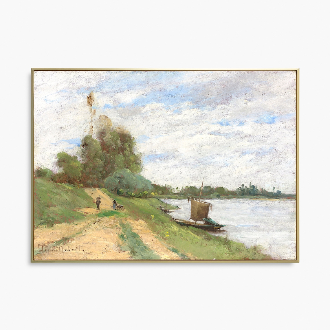 Vintage Oil Painting River Towpath Walkers Moored Sailboat Art Poster