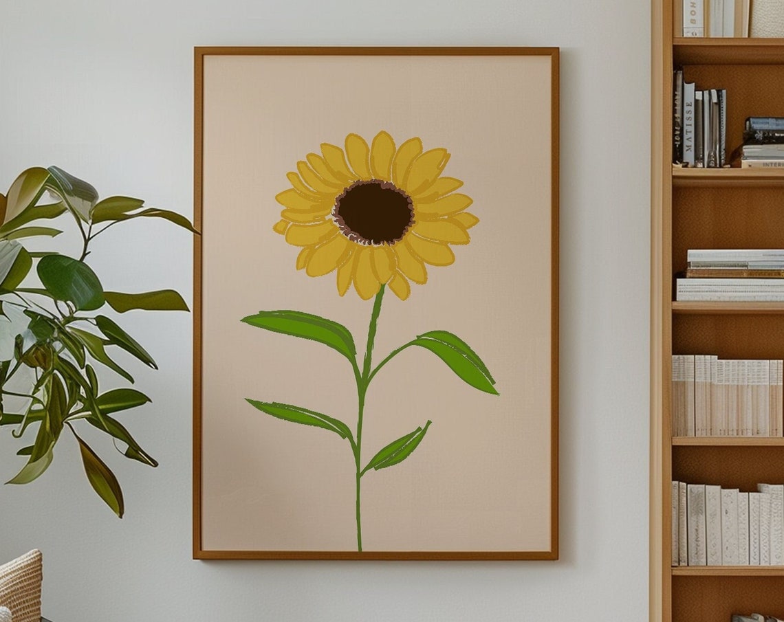 Cheerful Sunflower Leafy Stem Blush Soft Floral Nursery Art Poster