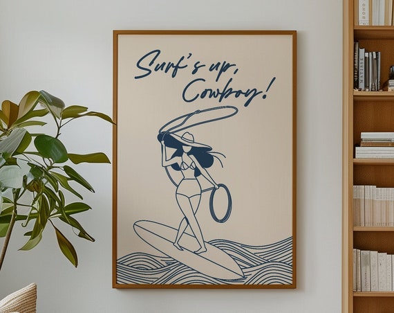 Surfs Up Cowboy Western Wall Art Boho Minimalist Prints Cowboy Art Retro Art File