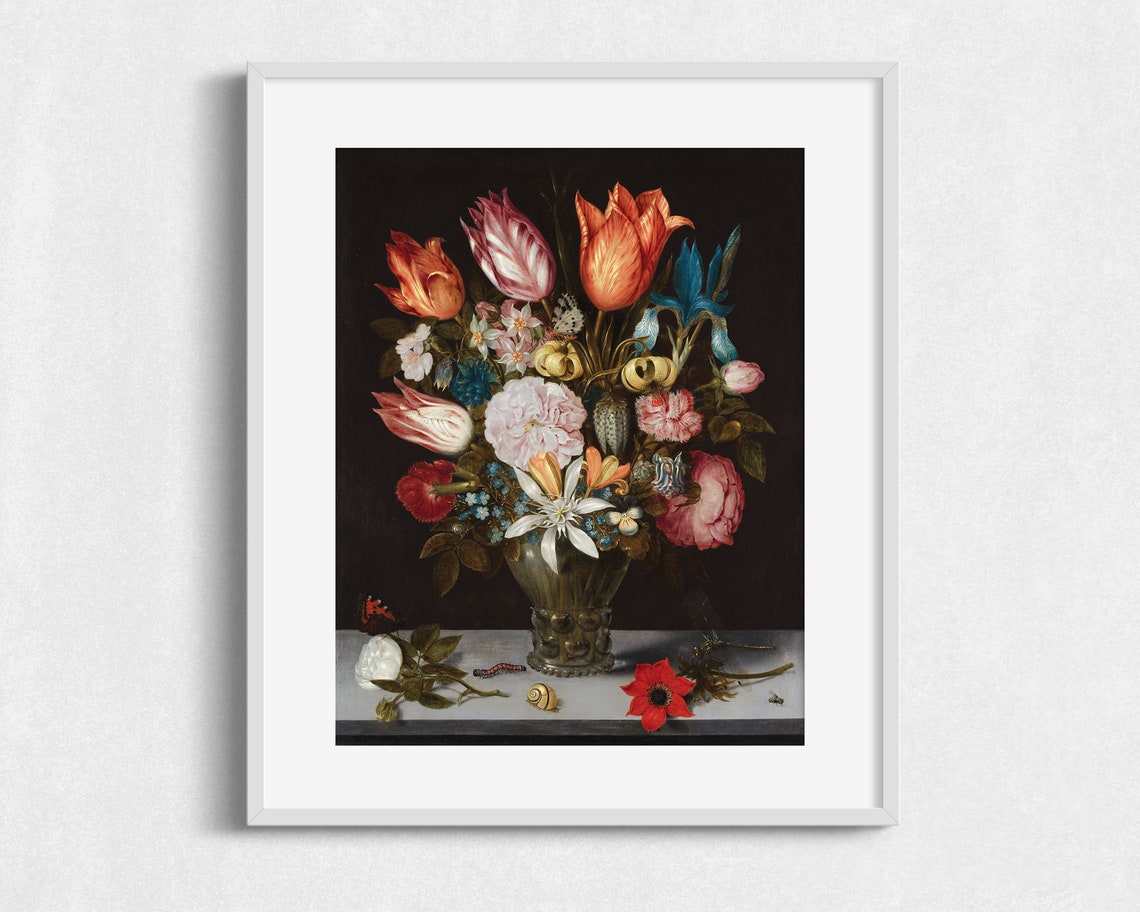 Dutch Tulips Roses Bronze Vase Dark Background Still Life Art Poster - Image 2
