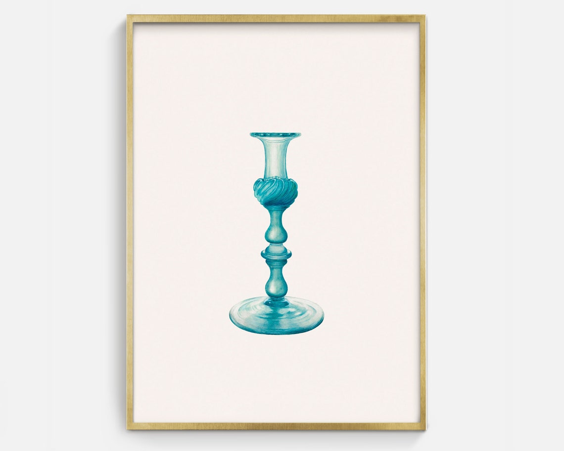 Blue Glass Candlestick Twisted Stem Antique Watercolor Drawing Poster