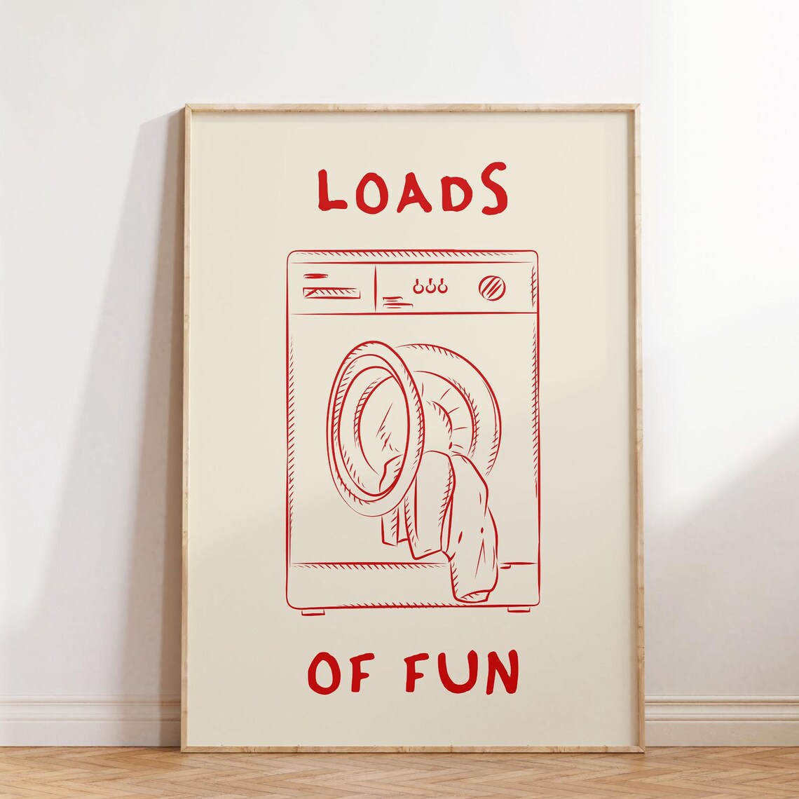 Loads of Fun Laundry Room Poster Red Hand Drawn Washing Machine Art